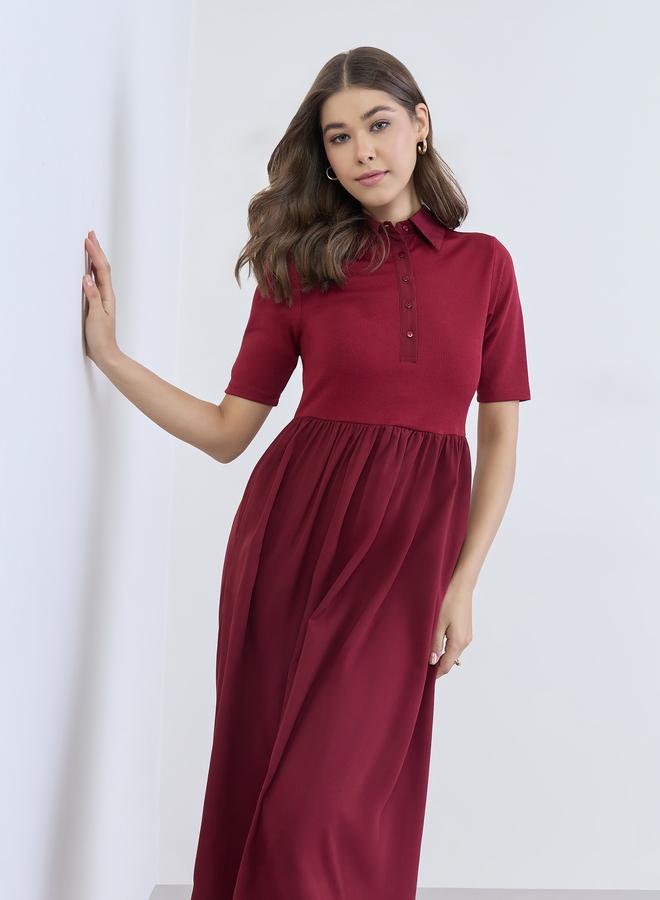 Styli Women Burgundy Buttoned A-Line Midi Dress - Image 1