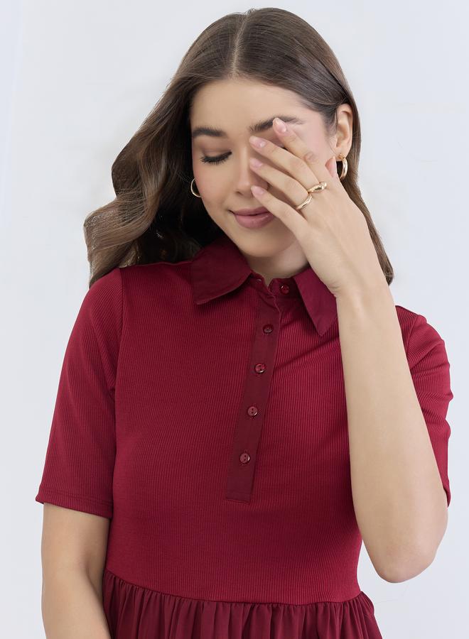 Styli Women Burgundy Buttoned A-Line Midi Dress - Image 4