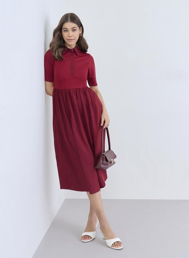 Styli Women Burgundy Buttoned A-Line Midi Dress - Image 5