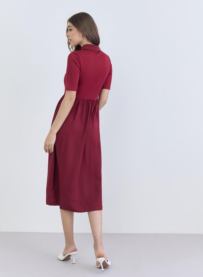 Styli Women Burgundy Buttoned A-Line Midi Dress - Image 3