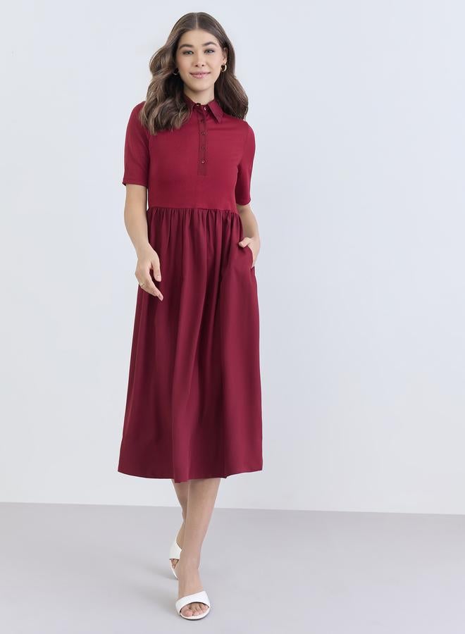 Styli Women Burgundy Buttoned A-Line Midi Dress - Image 2