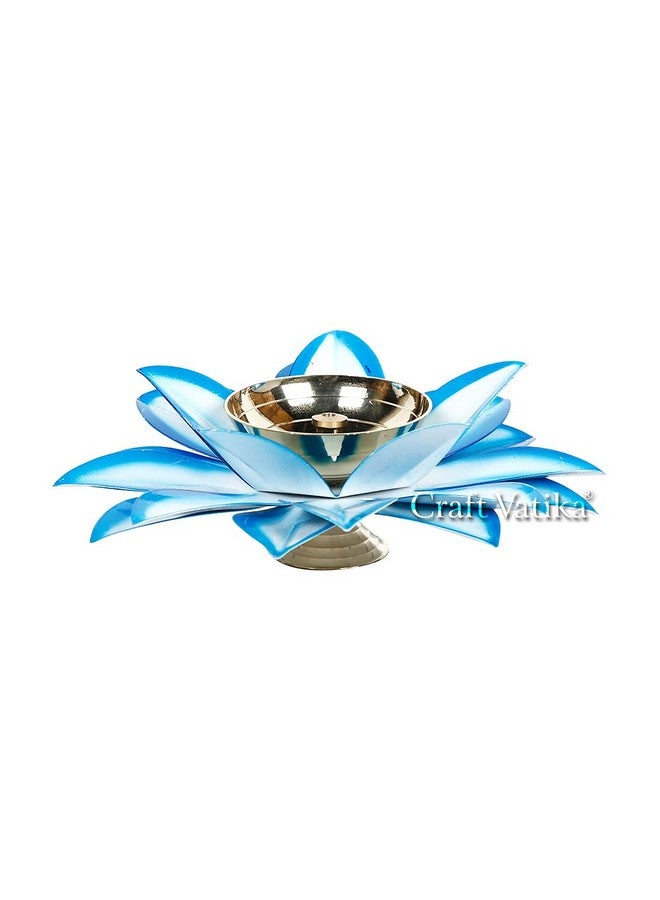 Collectible India Collectible India Brass Diya Oil Lamp Stand Lotus Kamal Patti Diyas for Puja Home Temple Decor (Sky Blue)  - Image 4