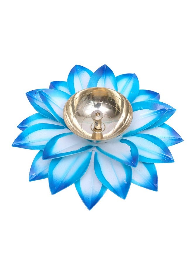 Collectible India Collectible India Brass Diya Oil Lamp Stand Lotus Kamal Patti Diyas for Puja Home Temple Decor (Sky Blue)  - Image 2