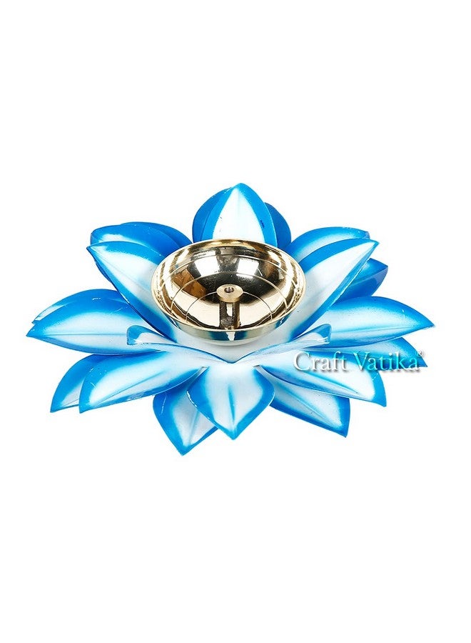 Collectible India Collectible India Brass Diya Oil Lamp Stand Lotus Kamal Patti Diyas for Puja Home Temple Decor (Sky Blue)  - Image 3