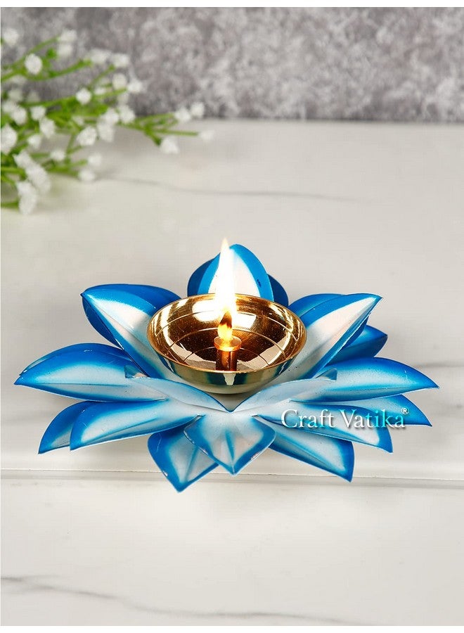 Collectible India Collectible India Brass Diya Oil Lamp Stand Lotus Kamal Patti Diyas for Puja Home Temple Decor (Sky Blue)  - Image 1