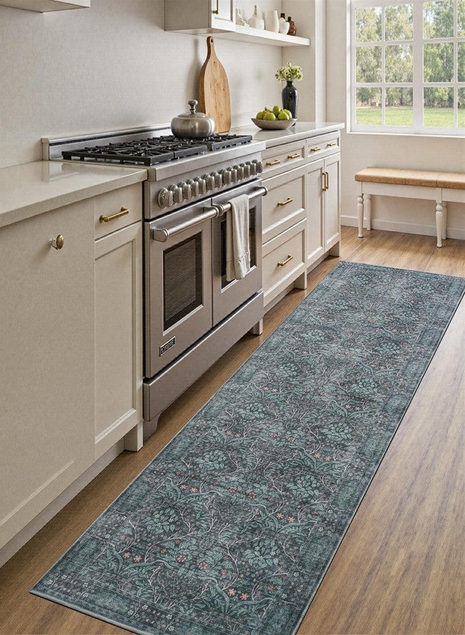 WEZVIX Retro Green Runners for Hallways,2x6 Washable Kitchen Runner Rug，Vintage Soft Low Pile Long Carpet for Kids Room Non-Slip Stain Resistant Runner for Bathroom Hall Kitchen Office Stair - Image 1