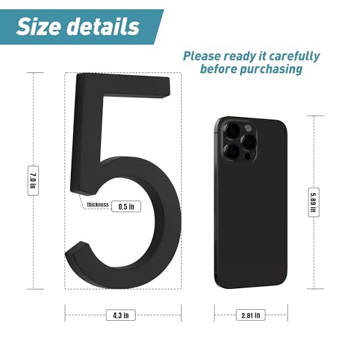 HANPIU Modern House Numbers for Outside Address Number - 7 Inch Metal Black House Number 5, 3D Effect Large Floating Door Numbers for Home Street Office - Image 2