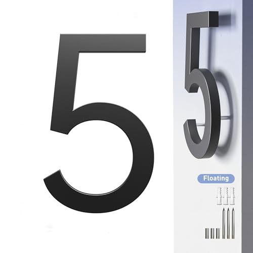 HANPIU Modern House Numbers for Outside Address Number - 7 Inch Metal Black House Number 5, 3D Effect Large Floating Door Numbers for Home Street Office - Image 1