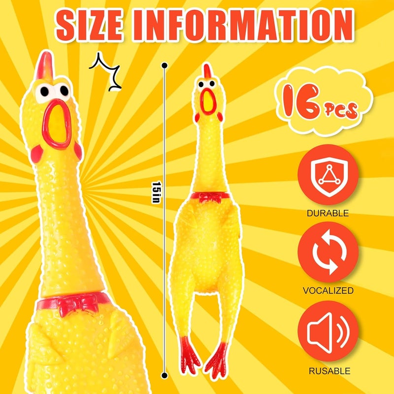 Sratte 16 Pack Screaming Chicken Toys Bulk Squeaky Rubber Chicken Large Squeaking Chicken Toy Squeeze Chicken Noisemaker Dog Squeak Durable Toys for Pet Chew Gifts Prank Novelty Toy(Yellow, 15 Inch) - Image 4