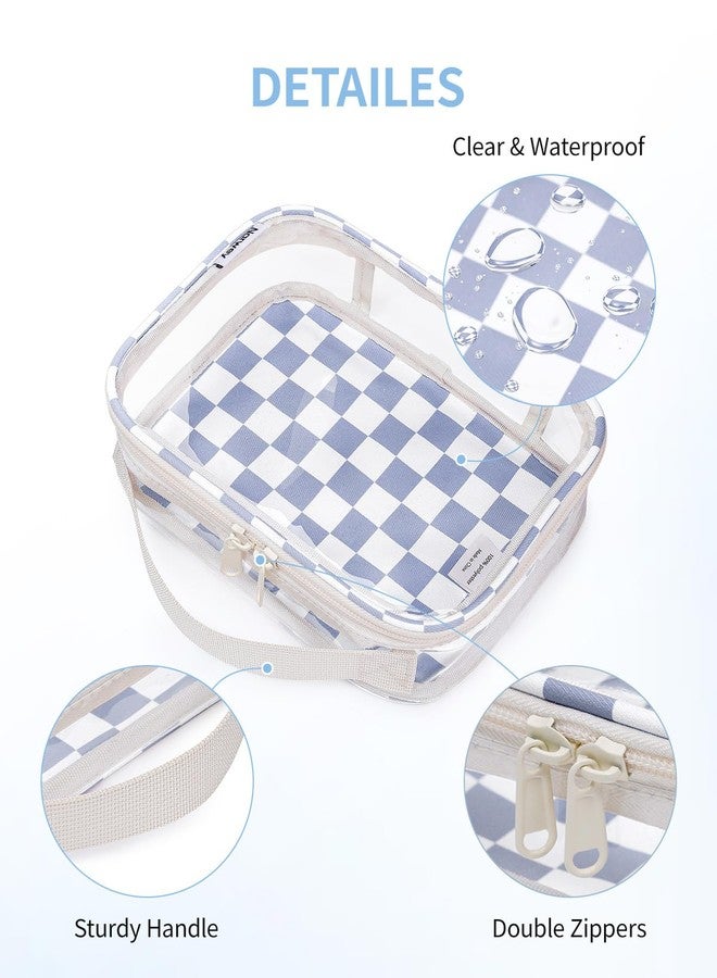 Narwey TSA Approved Clear Toiletry Bag for Travel, Waterproof PVC Clear Makeup Bags Portable Compact Cosmetic Bag Make Up Organizer Airport Airline Quart Size Compliant Bag (Grayish Blue Checkerboard) - Image 5