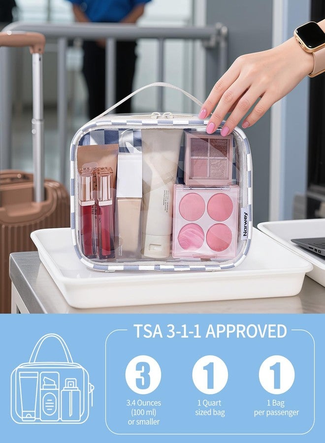 Narwey TSA Approved Clear Toiletry Bag for Travel, Waterproof PVC Clear Makeup Bags Portable Compact Cosmetic Bag Make Up Organizer Airport Airline Quart Size Compliant Bag (Grayish Blue Checkerboard) - Image 2