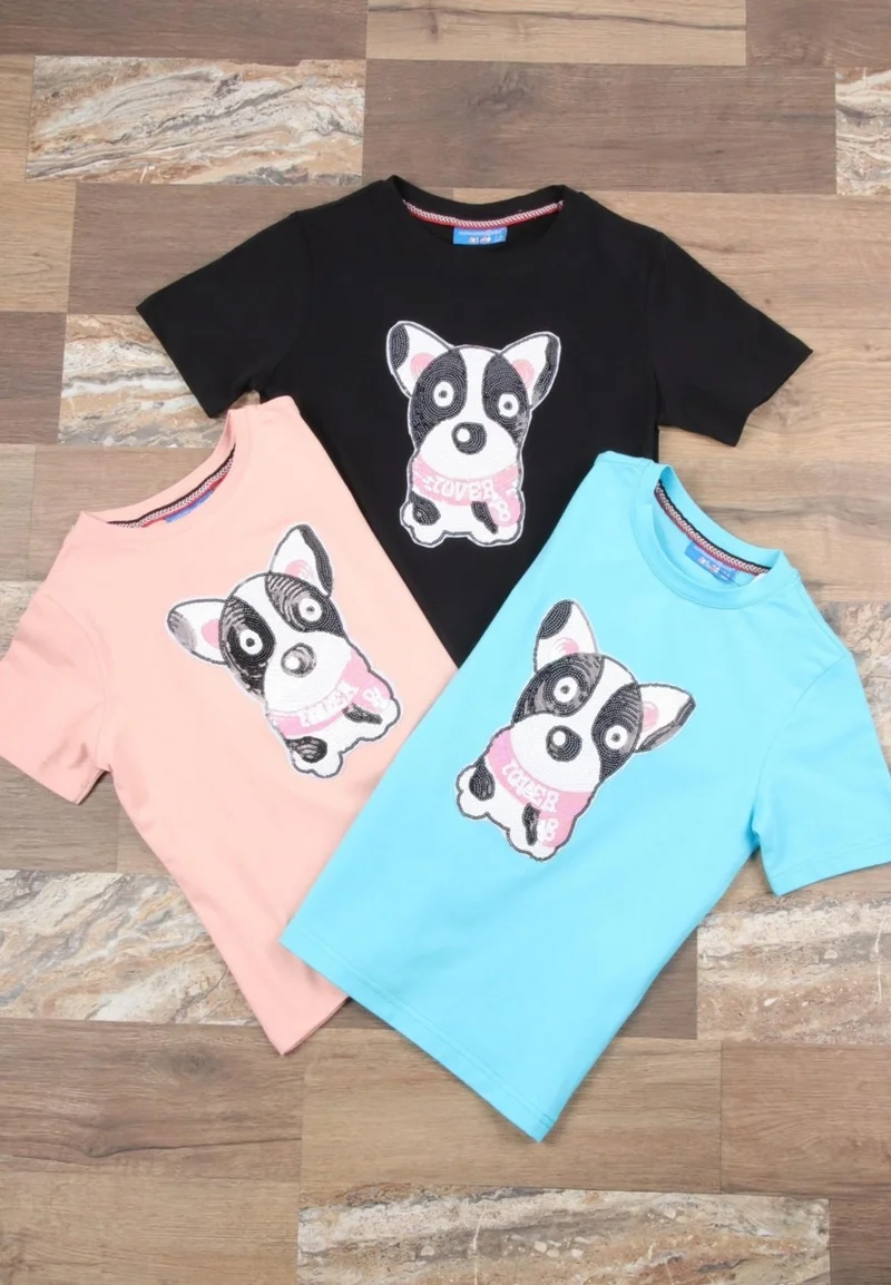 الكسندر جاردي Alexandergardı Sequined Dog Patterned Children's T-Shirt (C22-90600)