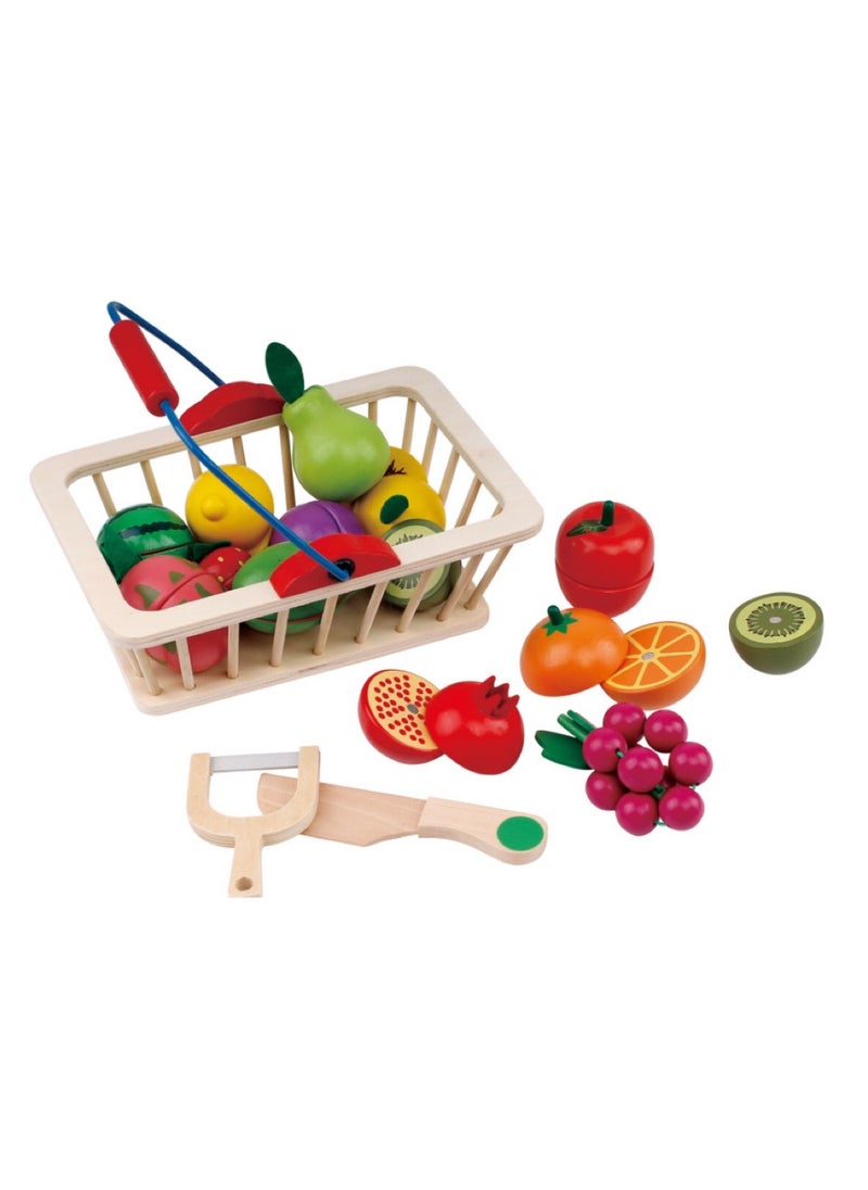 Goolsky Goolsky 16-Piece Wooden Cutting Fruit Vegetables Set for Kids - Pretend Play Food Toy Set with Wooden Knife and Tray (Fruit-Basket)  - Image 1