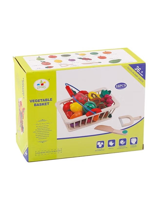 Goolsky Goolsky 16-Piece Wooden Cutting Fruit Vegetables Set for Kids - Pretend Play Food Toy Set with Wooden Knife and Tray (Fruit-Basket)  - Image 5