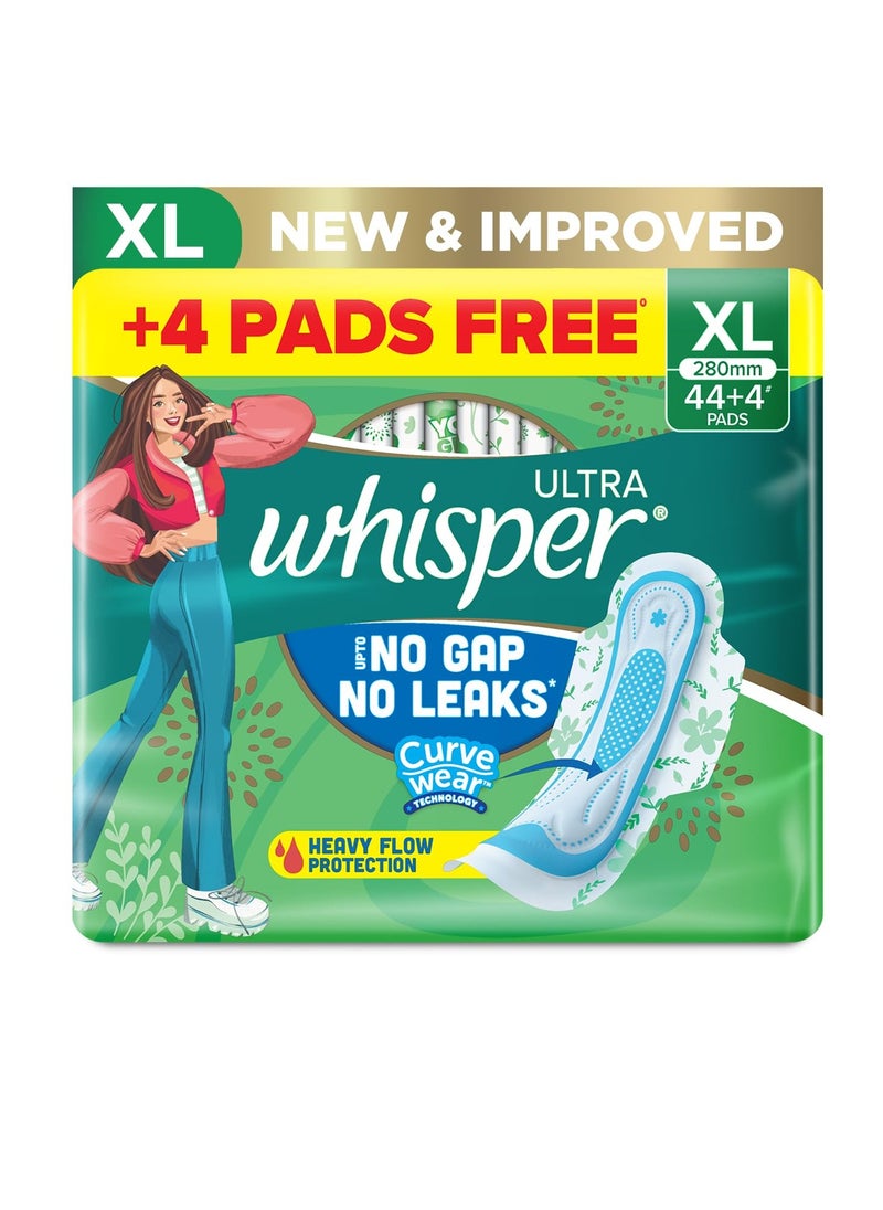 Whisper Whisper Ultra Upto No Gap No Leaks Sanitary Pads, 48 XL Pads, For Heavy Flow Protection, With CURVEWEAR™ Technology, Cotton Like Softness, Disposable Wrapper, Locks Odour & Wetness  - Image 1
