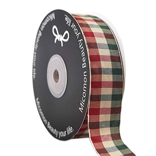 Micomon Gingham Checkered Christmas Ribbon - Red & Green, 25 Yards Each Roll, 100% Polyester (1") - Image 1