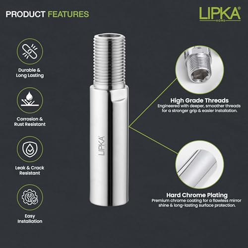 LIPKA Pack of 2 Full Brass Extension Nipple (4 inches) for Pipe Fittings | | Chrome Finish | Extension Nipple for Bathroom Fittings Durable Pipe Connector for Plumbing, Tap, Shower, and Geyser - Image 3