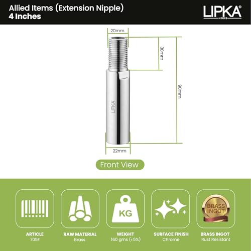 LIPKA Pack of 2 Full Brass Extension Nipple (4 inches) for Pipe Fittings | | Chrome Finish | Extension Nipple for Bathroom Fittings Durable Pipe Connector for Plumbing, Tap, Shower, and Geyser - Image 2