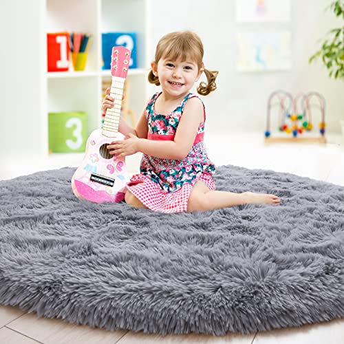 junovo Round Rug 4x4 Feet Fluffy Soft Area Rugs for Kids Girls Room Princess Castle Plush Shaggy Carpet Cute Circle Nursery Rug for Kids Girls Bedroom Baby Room Home Decor Circular Carpet, Grey - Image 2