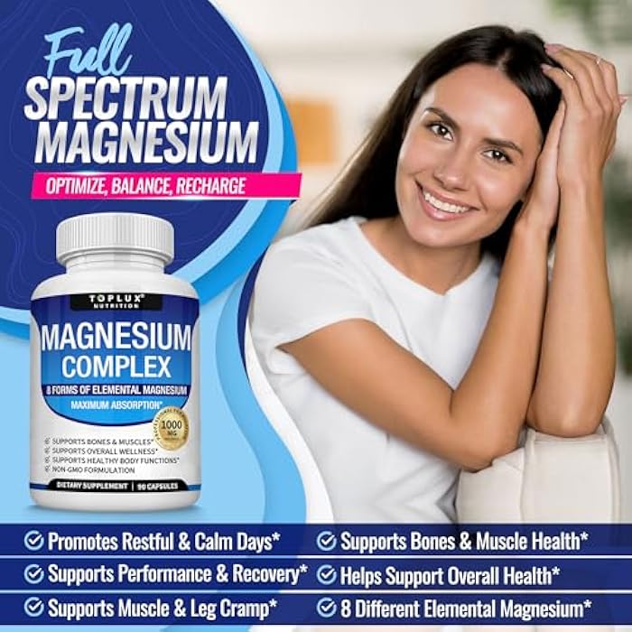 Toplux Magnesium Complex Supplement 8 Elemental 1000mg - Magnesium Glycinate, Citrate, Malate, Taurate, Chelated for Easy Absorption for Bones, Muscle, Recovery, Energy, Vegan Non-GMO 90 Capsules - Image 2