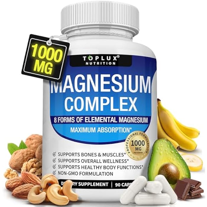 Toplux Magnesium Complex Supplement 8 Elemental 1000mg - Magnesium Glycinate, Citrate, Malate, Taurate, Chelated for Easy Absorption for Bones, Muscle, Recovery, Energy, Vegan Non-GMO 90 Capsules - Image 1