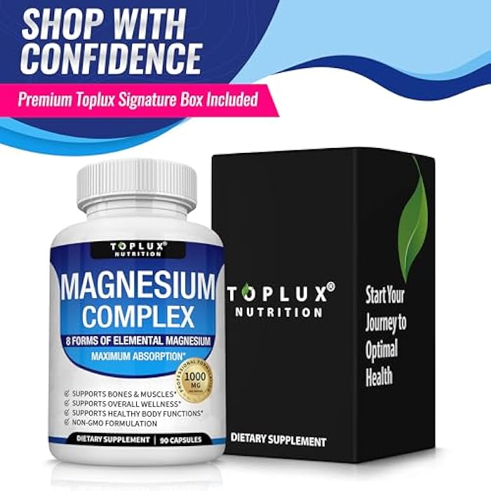 Toplux Magnesium Complex Supplement 8 Elemental 1000mg - Magnesium Glycinate, Citrate, Malate, Taurate, Chelated for Easy Absorption for Bones, Muscle, Recovery, Energy, Vegan Non-GMO 90 Capsules - Image 4