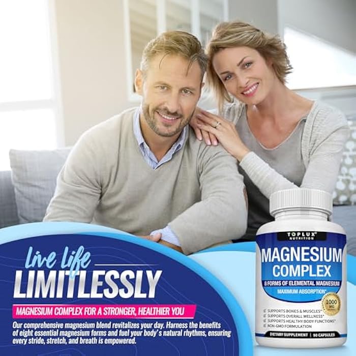 Toplux Magnesium Complex Supplement 8 Elemental 1000mg - Magnesium Glycinate, Citrate, Malate, Taurate, Chelated for Easy Absorption for Bones, Muscle, Recovery, Energy, Vegan Non-GMO 90 Capsules - Image 5