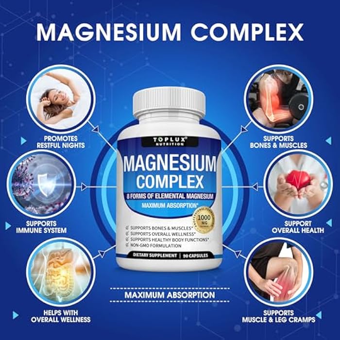 Toplux Magnesium Complex Supplement 8 Elemental 1000mg - Magnesium Glycinate, Citrate, Malate, Taurate, Chelated for Easy Absorption for Bones, Muscle, Recovery, Energy, Vegan Non-GMO 90 Capsules - Image 3
