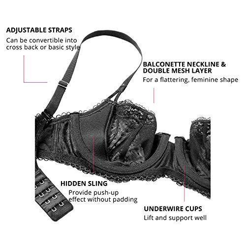 DOBREVA Women's Sexy Lace Bra Underwire Balconette Unlined Demi Sheer Plus Size Black 32F - Image 5