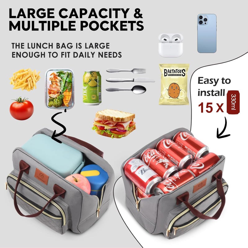 Genteen Lunch Bag for Women Girls Teens,Insulated Adult Lunch Boxes for Women,Reusable Cute Lunch Bags for Work,High Capacity Tote Lunchbox Cooler for Office Travel Picnic School-Gray - Image 4