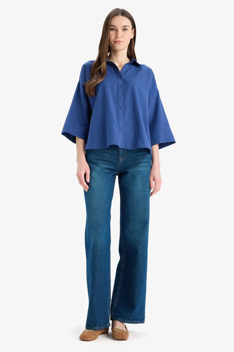 ديفاكتو Regular Fit Linen Blend Short Sleeve Shirt