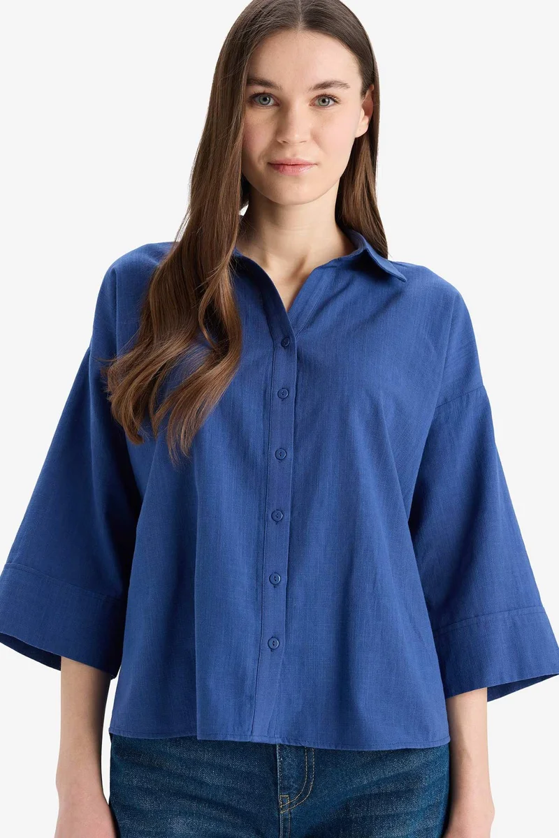 ديفاكتو Regular Fit Linen Blend Short Sleeve Shirt