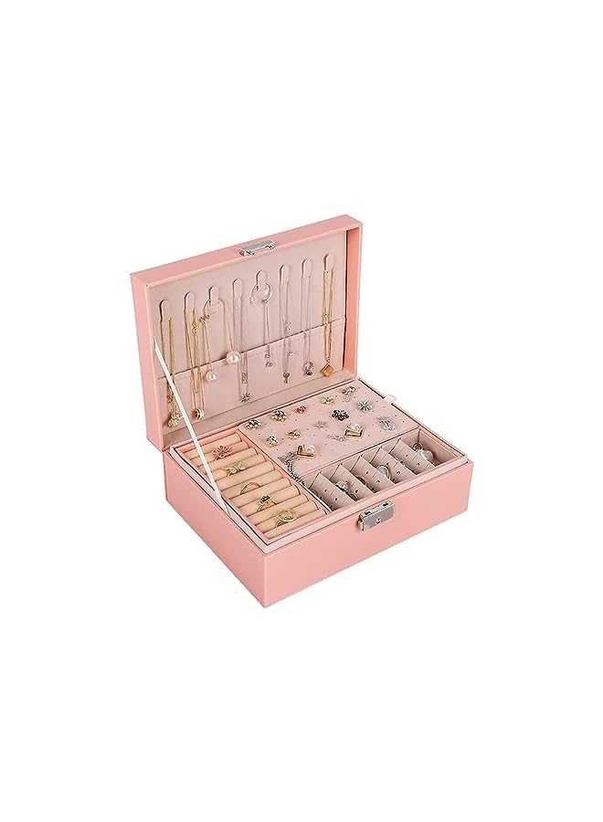 PROMASS Box Organizer for Women Girls, Large Travel Leather Storage Box With Two Layers Display For 74 Ear Studs 12 Earrings 8 Necklaces 6 Bracelets & Watches 9 Rings and 9 Extra (Pink) - Image 2