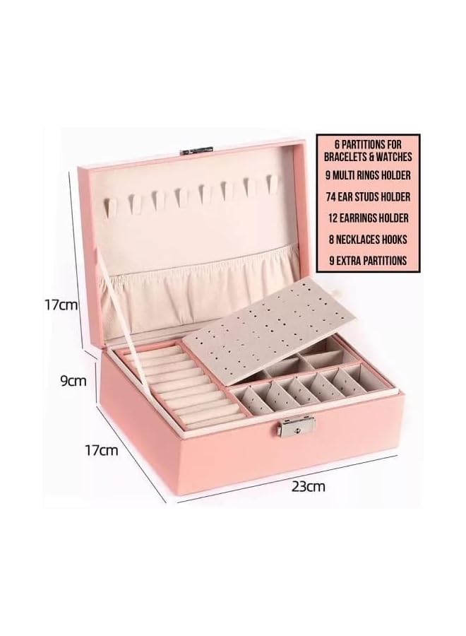 PROMASS Box Organizer for Women Girls, Large Travel Leather Storage Box With Two Layers Display For 74 Ear Studs 12 Earrings 8 Necklaces 6 Bracelets & Watches 9 Rings and 9 Extra (Pink) - Image 3