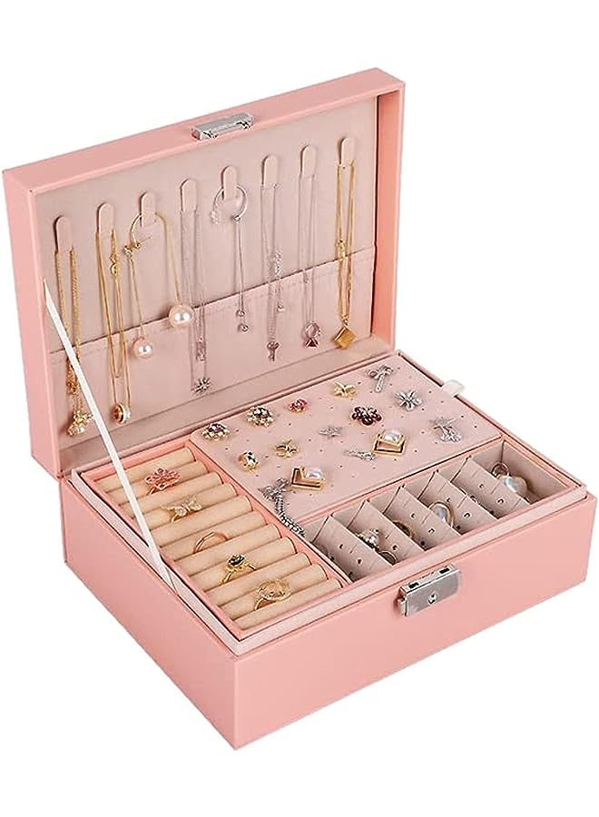 PROMASS Box Organizer for Women Girls, Large Travel Leather Storage Box With Two Layers Display For 74 Ear Studs 12 Earrings 8 Necklaces 6 Bracelets & Watches 9 Rings and 9 Extra (Pink) - Image 1