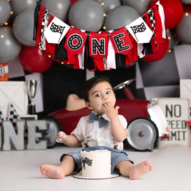 MUWEOL Racing Car ONE High Chair Banner - Racing Car First Birthday Party Decorations For Baby,Fast One Birthday Party Decor - Image 5