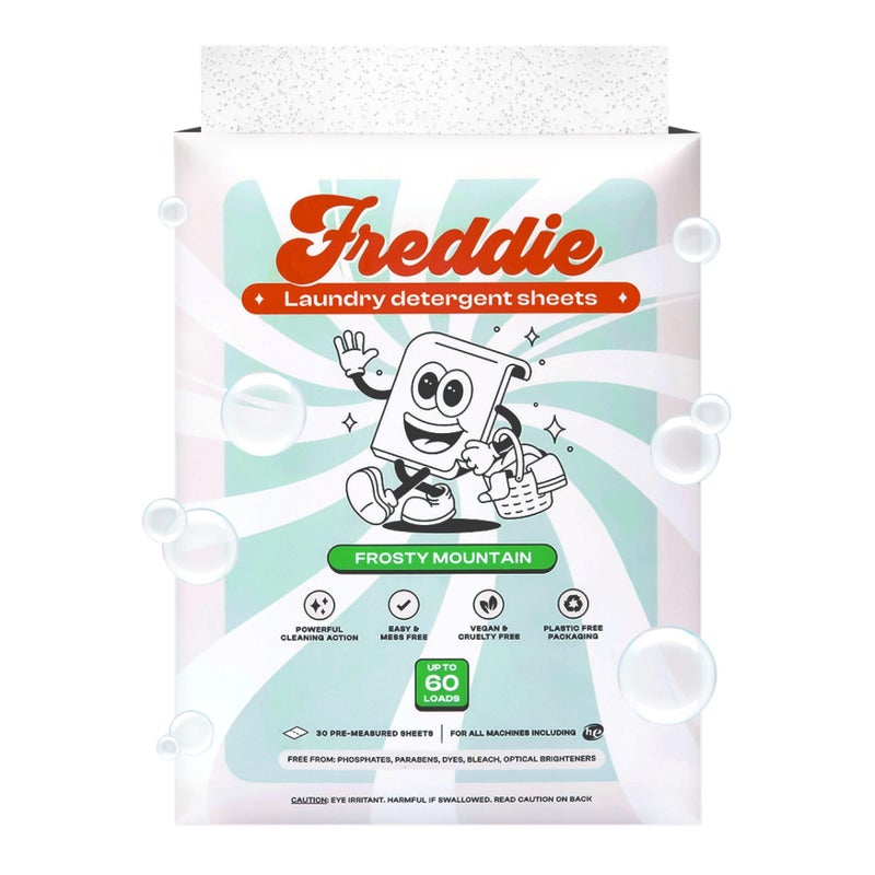 Freddie Laundry Detergent Sheets Recyclable Packaging No Mess Strips 60 Loads Crisp Frosty Mountain Scent