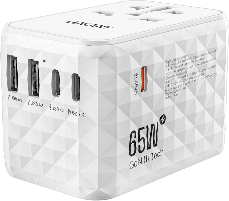 Lencent 65W Universal Travel Adapter, International Travel Adapter with 2 QC USB-A & 3 PD3.0 Type C Power Adapter, Fast Charging for Phone,Laptops, All-in-One Outlet Adapter for USA/UK/EU/AUS, White - Image 1