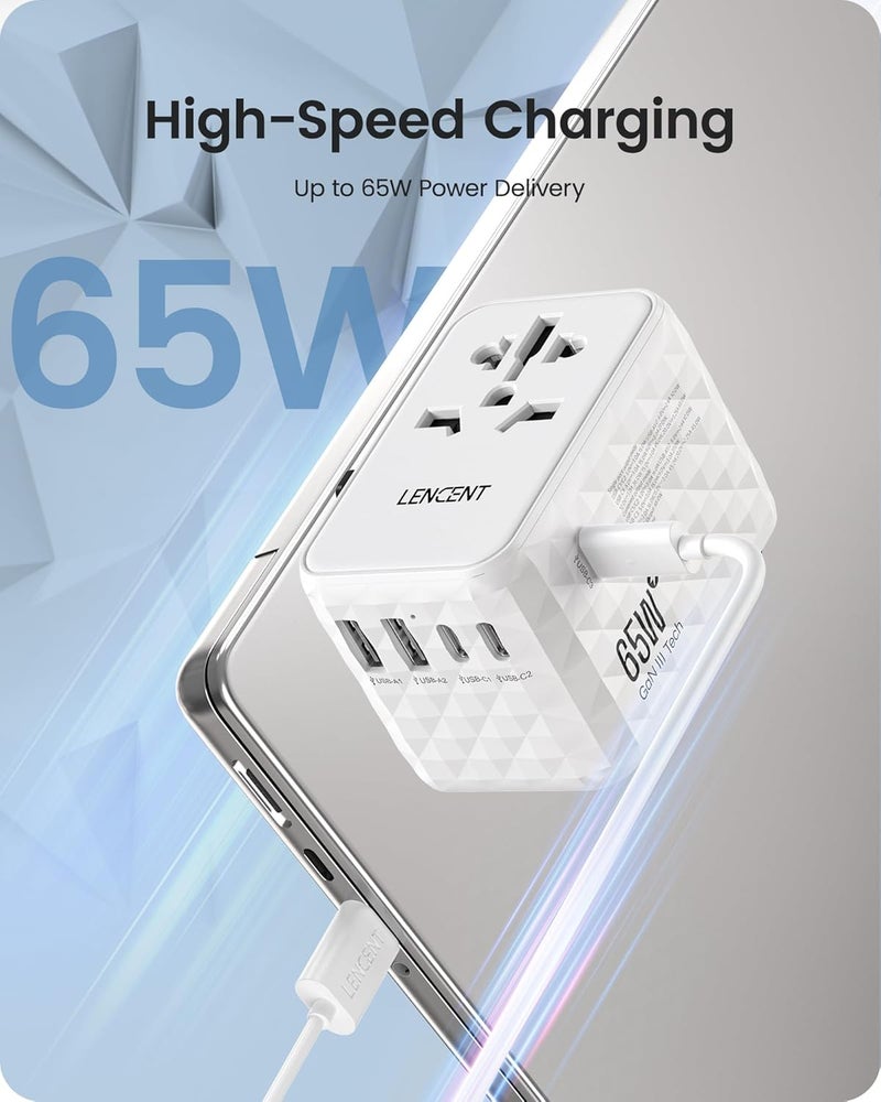 Lencent 65W Universal Travel Adapter, International Travel Adapter with 2 QC USB-A & 3 PD3.0 Type C Power Adapter, Fast Charging for Phone,Laptops, All-in-One Outlet Adapter for USA/UK/EU/AUS, White - Image 3