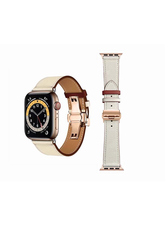 Perfii Genuine Leather Replacement Band with Golden Buckle for Apple Watch Series 6/SE/5/4/3/2/1 44/42mm Beige - Image 1