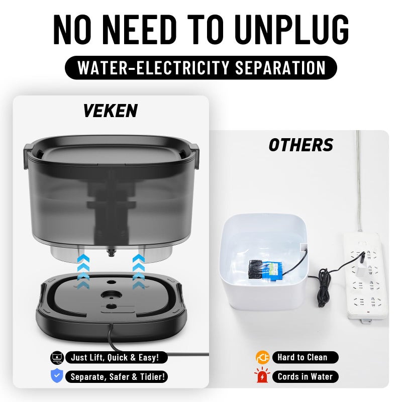 Veken Cat Water Fountain with Detachable Tank & Secure Clips, Easy to Clean & Assemble, 84oz/2.5L Pet Drinking Dispenser with Quiet Operation & LED Light, Gifts, Cats, Dogs and Small Pets, Black - Image 4
