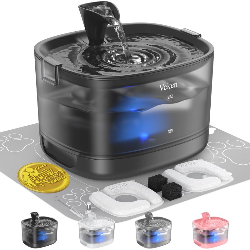 Veken Cat Water Fountain with Detachable Tank & Secure Clips, Easy to Clean & Assemble, 84oz/2.5L Pet Drinking Dispenser with Quiet Operation & LED Light, Gifts, Cats, Dogs and Small Pets, Black - Image 1