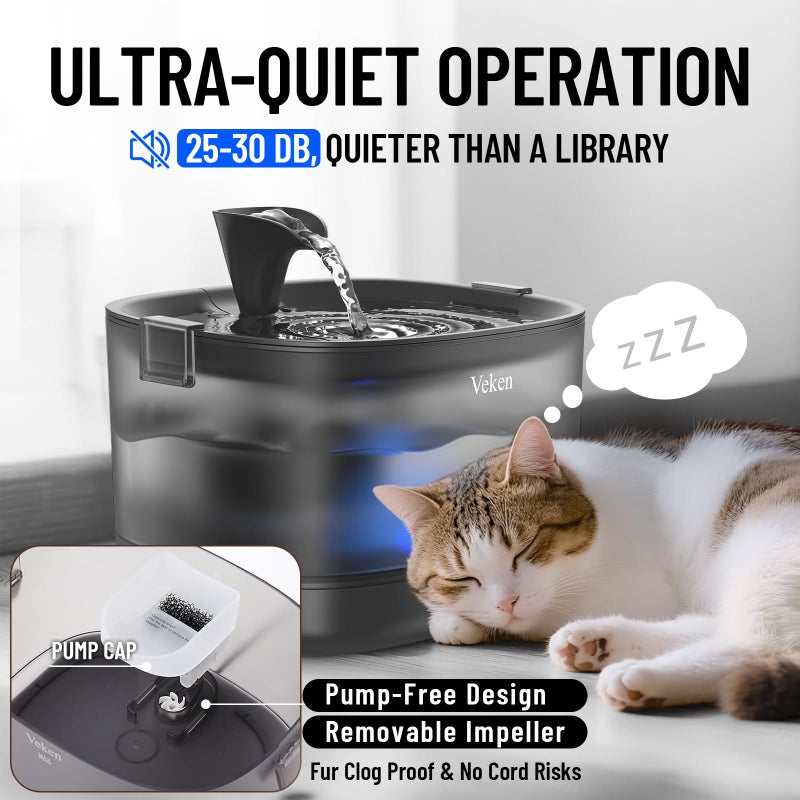 Veken Cat Water Fountain with Detachable Tank & Secure Clips, Easy to Clean & Assemble, 84oz/2.5L Pet Drinking Dispenser with Quiet Operation & LED Light, Gifts, Cats, Dogs and Small Pets, Black - Image 3