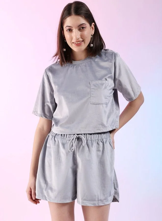 مرفوعة Women Regular Fit Solid Short Sleeve Mid Rise Round Neck Top With Shorts Lounge Set