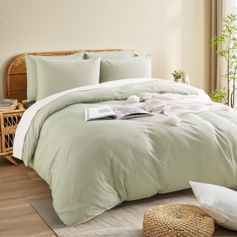 NEXHOME PRO Queen Duvet Cover Set â€“ 100% Certified Organic Cotton with Washed Feel & Linen-Like Texture, Comfortable & Breathable, Home Bedding Set Sage Green (No Comforter) - Image 3