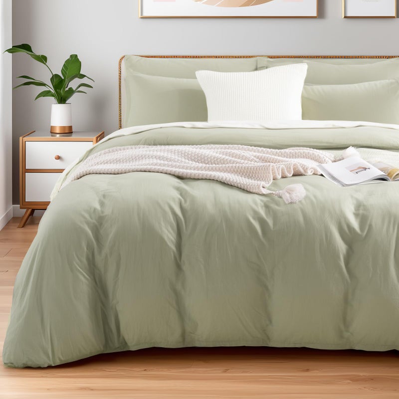 NEXHOME PRO Queen Duvet Cover Set â€“ 100% Certified Organic Cotton with Washed Feel & Linen-Like Texture, Comfortable & Breathable, Home Bedding Set Sage Green (No Comforter) - Image 1