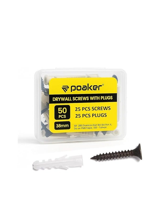 Poaker 25 Pairs 38mm Black Drywall Screws with Fischer Plugs – Heavy-Duty Wall Fixing Kit for Plasterboard, Brick & Concrete Mounting - Image 1