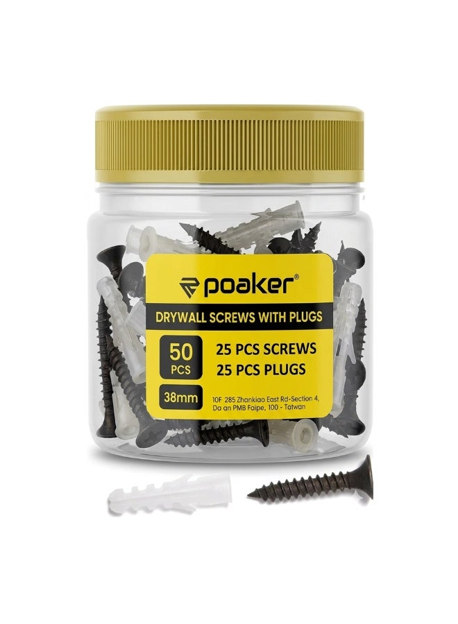 Poaker 25 زوج من براغي الجبس الأسود 38 مم مع سدادات فيشر - مجموعة تثبيت حائط ثقيلة للجبس، الطوب والخرسانة - Image 1