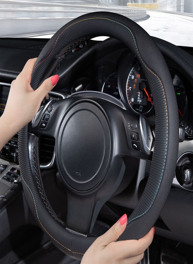 CAR PASS غطاء عجلة قيادة من الجلد مع حواف ملونة من كار باس، مناسب لجميع أنواع السيارات، إكسسوارات داخلية للسيارة، مناسب تمامًا لسيارات الدفع الرباعي والشاحنات الصغيرة والشاحنات وسيارات السيدان والسيارات بقياس 14.5-15 بوصة (لون نعناعي) - Image 2