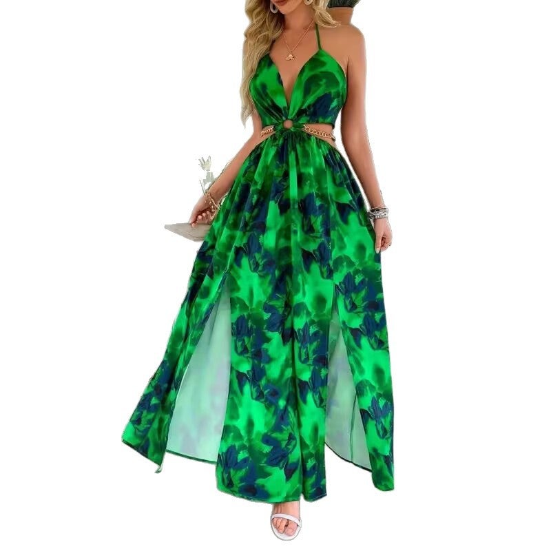 Women's French Style Floral Print V-Neck Sleeveless Backless Side Slit Maxi Dress - Image 5